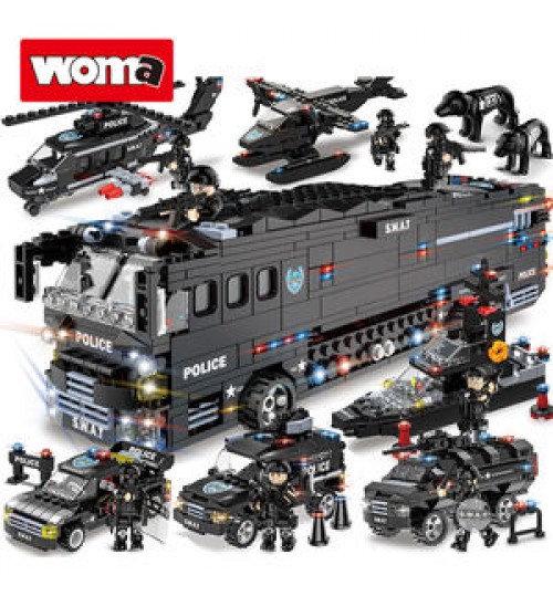 WOMA TOYS Amazon Hottest sale bricks SWAT Mobile combat bus police car army model building block for kids large set Zabawka